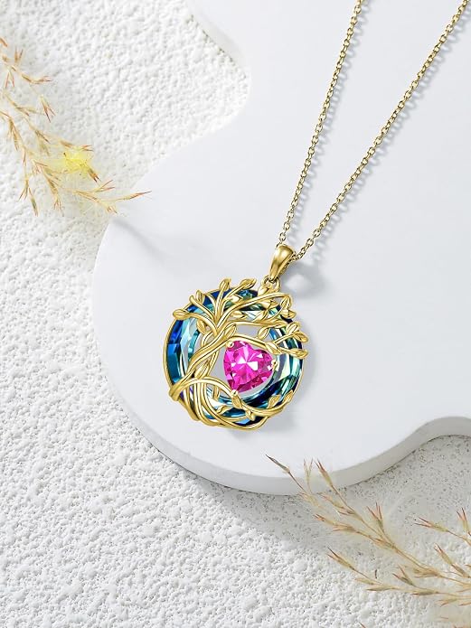 TOUPOP Tree of Life Birthstone Necklace Sterling Silver Pendant Birthstone Necklaces with Blue Crystal Anniversary Birthday Jewelry for Women Mom Wife Her