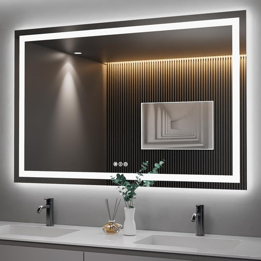 Amorho LED Bathroom Mirror 55''X36'' with Front and Backlight, Large Dimmable Wall Mirrors with Anti-Fog, Shatter-Proof, Memory, 3 Colors, Double LED Vanity Mirror