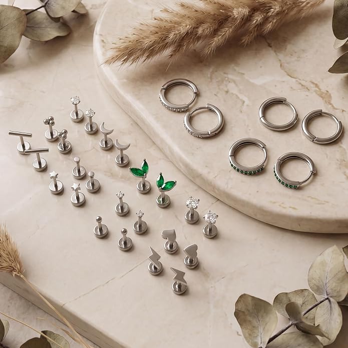 Stainless Steel Stud Earrings Set for Women Hypoallergenic Flat Back Cartilage Earrings Screw Back Huggie Hoop Earrings Multiple Piercing Cubic Zirconia Helix Tragus Jewelry