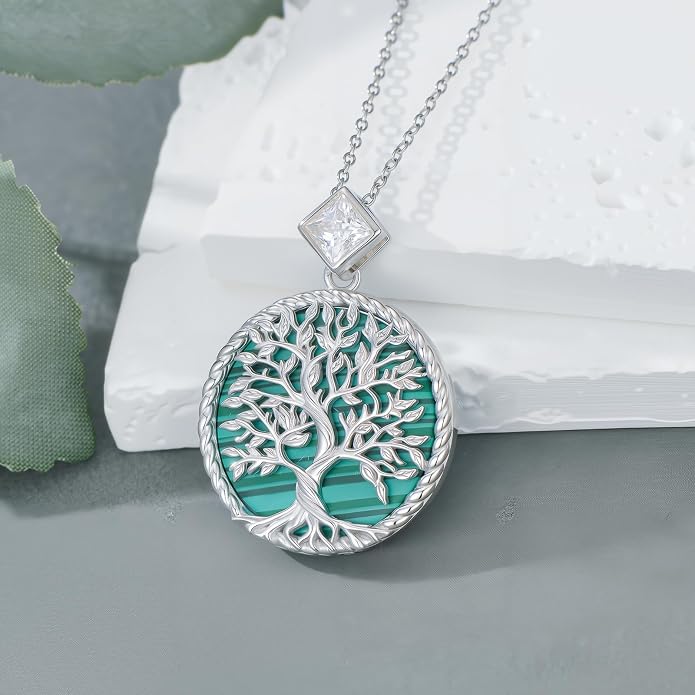 Tree of Life Moissanite Necklace, 925 Sterling Silver 0.5 Carat Moissanite Abalone Shell/Opal/Black Onyx/Turquoise/Malachite/Tiger Eye Stone Tree of Life Pendant Necklaces Jewelry Gift for Women Mom