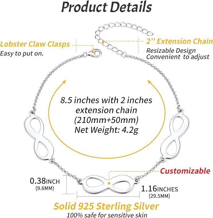 ChicSilver Personalized 925 Sterling Silver Infinity Anklets for Women, Dainty Beach Foot Jewelry (with Gift Box)