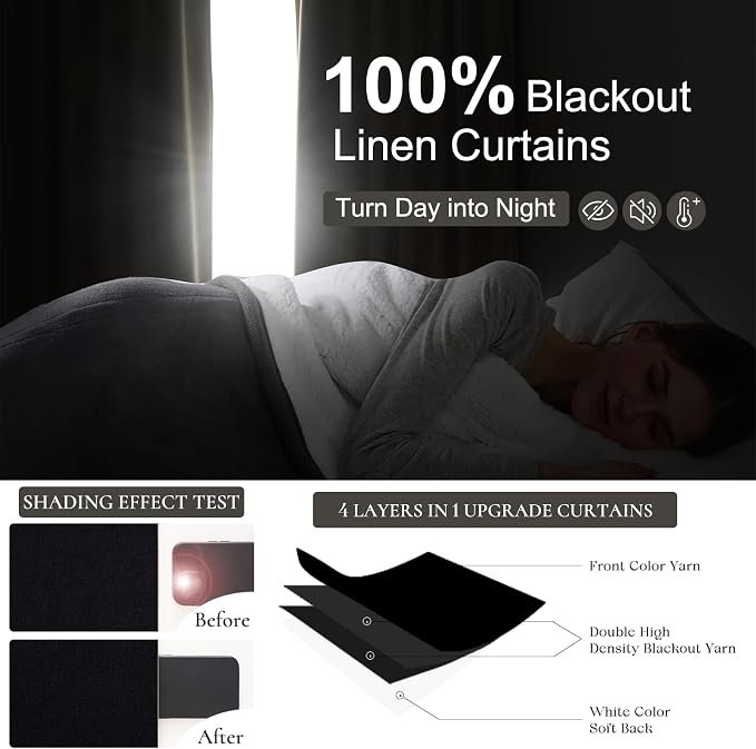 QJmydeco 100% Blackout 100 Inch Long Black Curtains for Bedroom 2 Panels Set, Modern Pleated Lush Decor Curtain Rod Pocket Black Boho Insulated Soundproof Large Window Heavy Linen Drape 50" Wx100 L