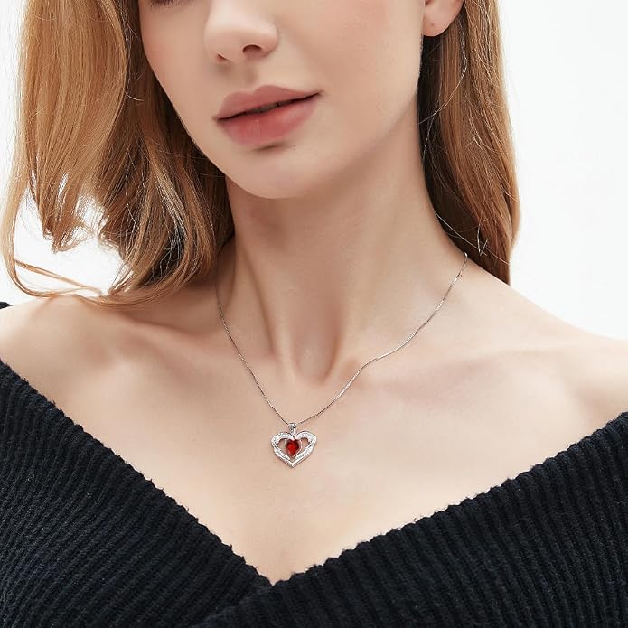 Heart Necklaces for Women Mother's day Gifts, Birthstone 925 Sterling Silver Angel Wings Love Pendant Necklaces for Women, Jewelry Gifts for Wife, Anniversary, Birthday