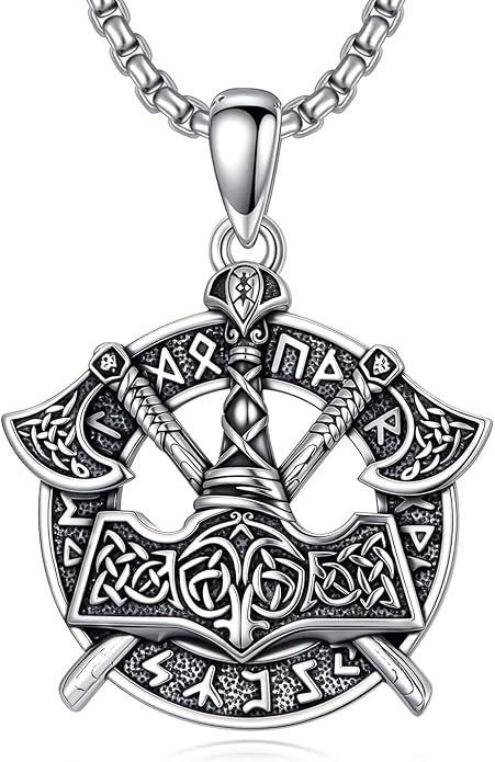PROESS Viking Axe/Sword/Skull Necklace S925 Sterling Silver Thors Hammer Necklace Amulet Dagger Pendant Norse Viking Rune Jewelry Gifts for Men Women