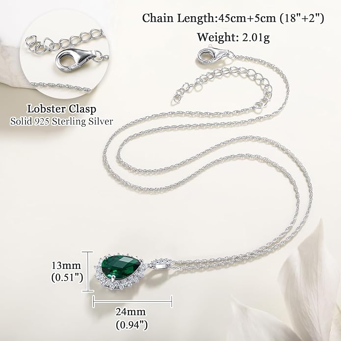 925 Sterling Silver Teardrop Necklace for Women Huge Created Gemstone Solitaire Halo Pendant Pear Cut Birthstone Necklace