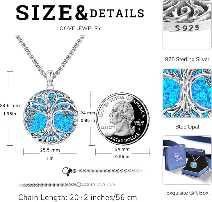 Jewelry Gifts - Tree of Life Necklace Sterling Silver Abalone Shell/Opal/Moonstone/Black Onyx/Turquoise/Malachite/Crystal Family Tree of Life Jewelry for Women Men