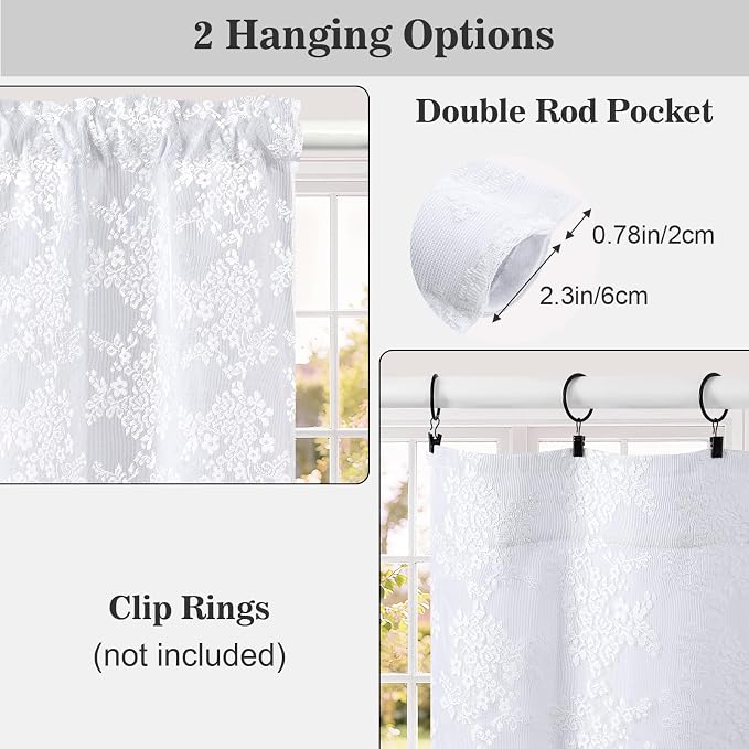 Yinhua White Kitchen Curtains 36 Inch Length Double Layer Blackout Curtains for Kitchen Rod Pocket Short Curtain for Windows, Small Window Curtain for Bathroom, Living Room, 2 Panels