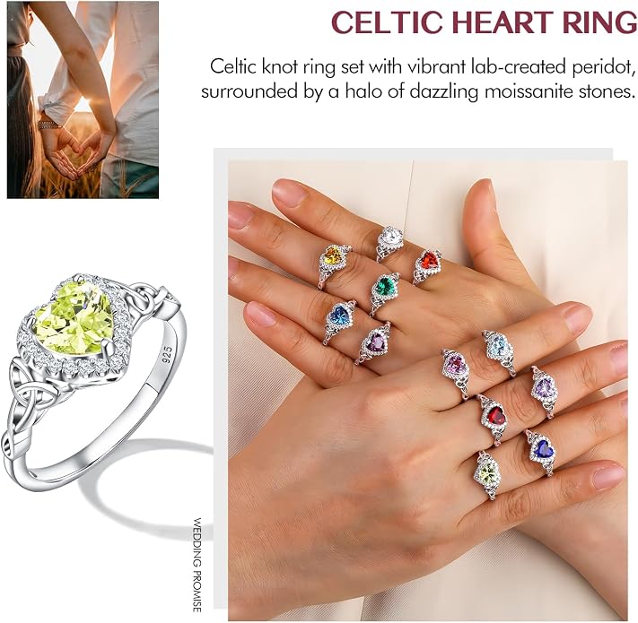DAYBYDAY Celtic Birthstone Rings for Women 925 Sterling Silver Heart/Round/Pear/Oval Created Gemstone Moissanite Halo Engagement Promise Rings for Her Wife Birthday Anniversary Wedding Jewelry