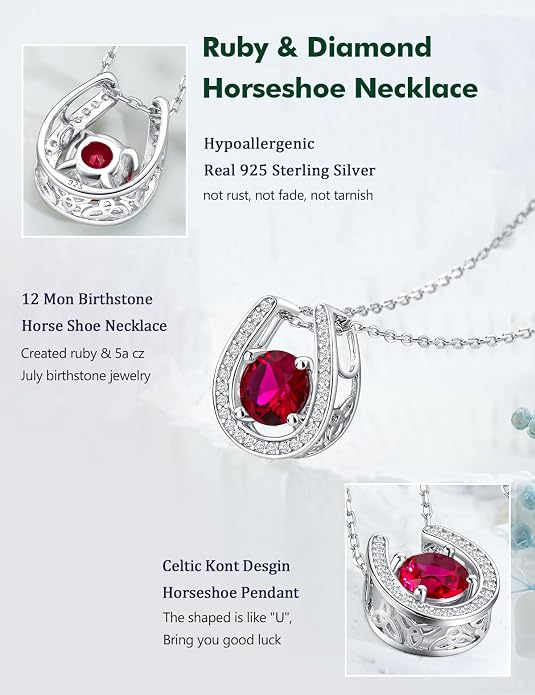 925 Sterling Silver Horseshoe Necklace for Women Round Gemstone Birthstone Necklace Sapphire/Emerald/Ruby/CZ Horse Shoe Pendant Necklaces Jewelry Gift