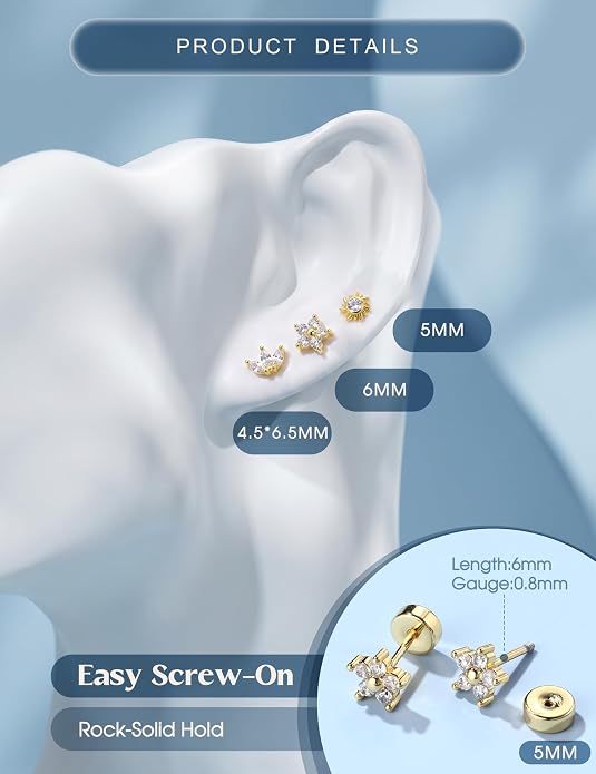 ORAZIO 925 Sterling Silver Flat Back Stud Earrings for Women Hypoallergenic 14K Gold Plated Cartilage Earrings for Sensitive Ears Small CZ Opal Conch Helix Tragus Piercing Jewelry 3 Pairs 20G