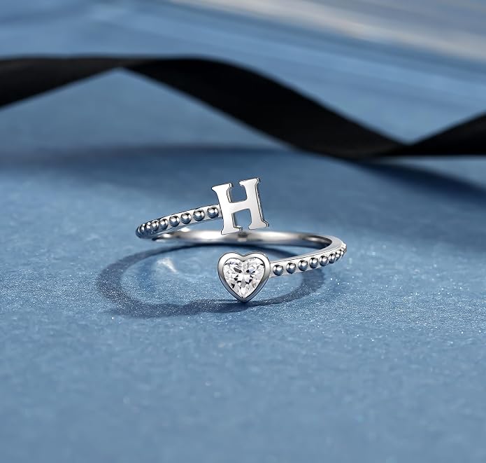 Step Forward 925 Sterling Silver Adjustable Initial Ring for Women | Non Tarnish Letter Rings for Lady | Alphabet Heart Thumb Rings | Capital Letter Jewelry Gifts