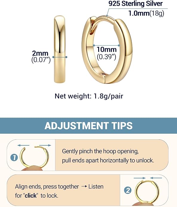 PROSTEEL Hoop Earrings for Women, Huggie Hoop with 925 Sterling Silver Post, 8/10/12/14/16/18/20mm Small Huggie Hoops, 14K Gold Plated/Silver/Black/Rose Gold Hypoallergenic Earrings Jewelry
