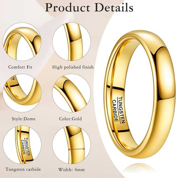 Vakki Gold Tungsten Wedding Bands for Men Women 2/4/6/8mm 14k Gold Plated Slim Stacking Stackable Engagement Promise Rings Domed High Polished Finish Comfort Fit size 5-12