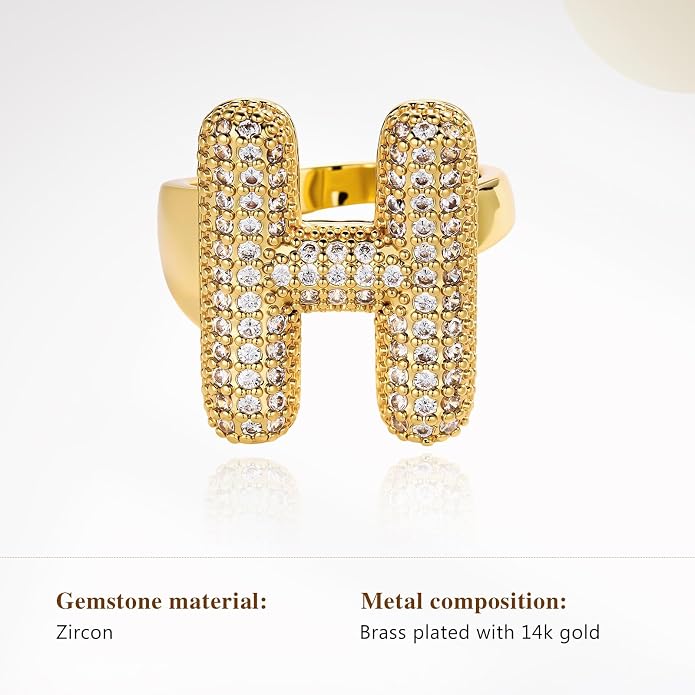 Cicy Bell Initial Rings for Women 14k Gold Plated Cubic Zirconia Delicate Letter Chunky Statement Open Rings Gifts for Her