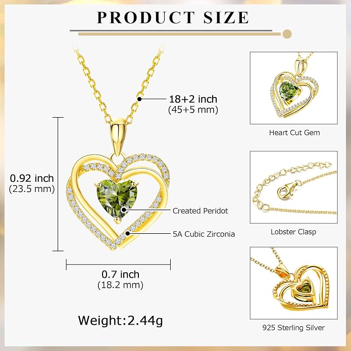 Anniversary Charm Necklace, Sterling Silver 14K Gold Plated Chain with Interlocking Heart Pendant Elegant Birthstone Necklaces for Women, Length 18"