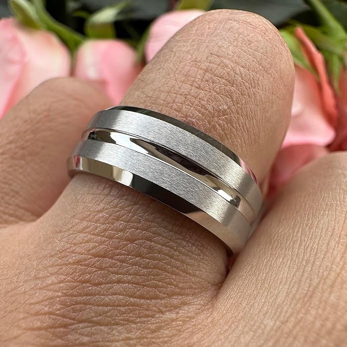 TUTISS 6mm 8mm White Tungsten Rings for Men Women Couple Fashion Jewelry Engagement Wedding Bands Matte Finish Beveled Edges Comfort Fit