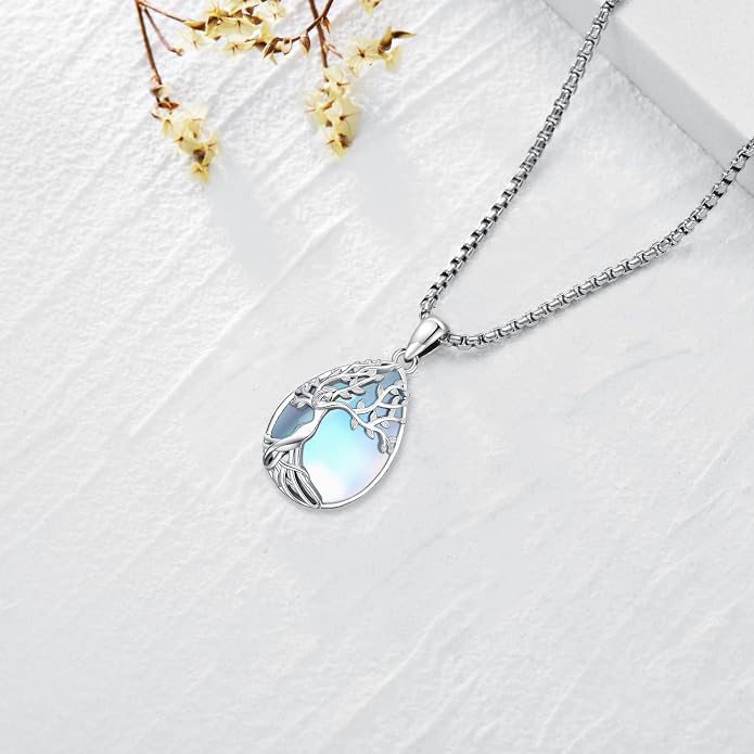 Turquoise/Amethyst/Moonstone/Black Onyx Tree of Life Necklace for Women Hummingbird Necklaces White Gold Plated Copper Jewelry
