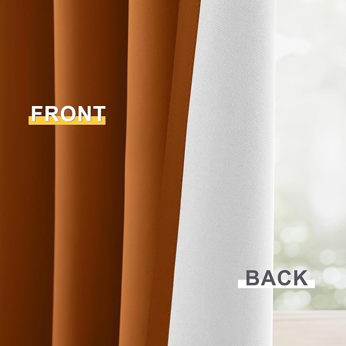 Yakamok Burnt Orange 100% Blackout Curtains 63 Inches Long 50" Wide 2 PCS | Blackout Curtain Panels for Bedroom, 2 Thick Layers Grommet Top Thermal Insulated Drapes with White Back for Living Room