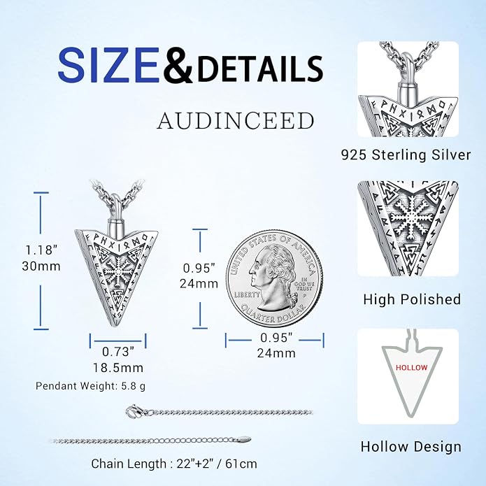 Thors Hammer Necklace/Viking Tree of Life/Valknut/Vegvisir/Triskelion/Sword/Spear Point Arrowhead/Urn Necklace for Ashes/Compass Necklace 925 Sterling Silver Amulet Jewelry for Men Women