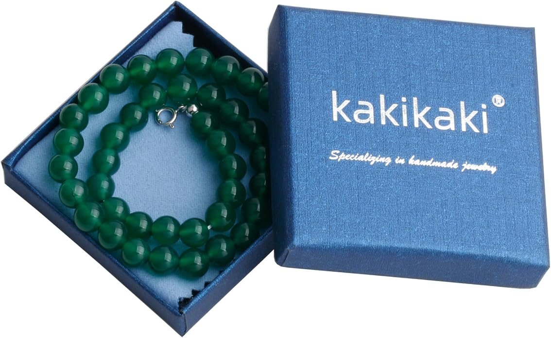 Kakikaki Natural Agate Choker Necklace Sterling Silver Round Beads Strand Necklace for Women