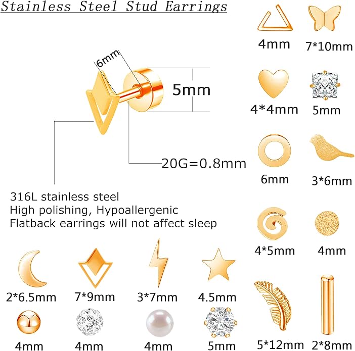 MJust 18 Pairs Women‘s Hypoallergenic Flat Back Stud Earrings, 20g Stainless Steel Earrings Sets for Men, Tiny Unisex Screw Back Cartilage Earrings.
