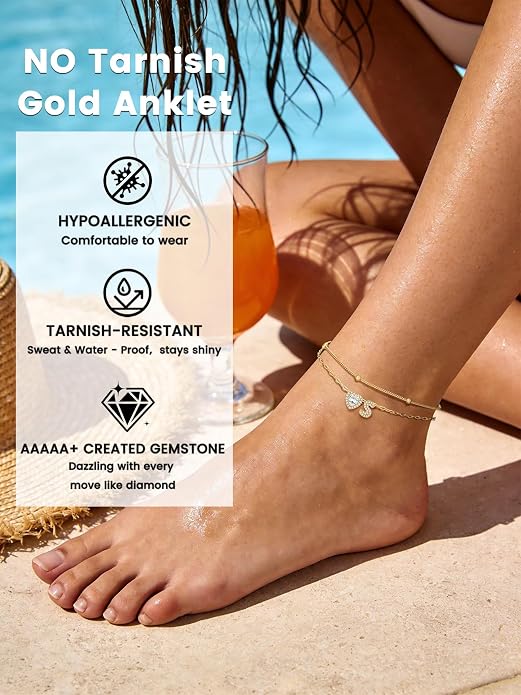 Bestyle Initial Anklet Bracelets for Women Waterproof Non Tarnish 14K Gold/White Gold Plated CZ Anklets for Women Dainty Layered Letter Heart Ankle Bracelets Adjustable Foot Chain Anklet