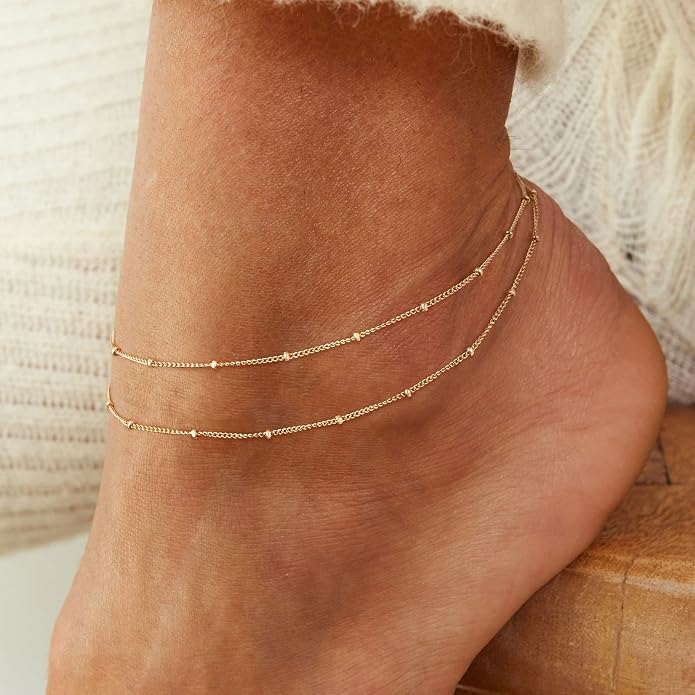 Dainty Gold Double Layer Disc Anklet for Women, 14K Gold Plated Sequin Chain Foot Bracelet, 8.5"+2" Adjustable Delicate Stackable Ankle Bracelet, Minimalist Summer Beach Jewelry Gift for Her