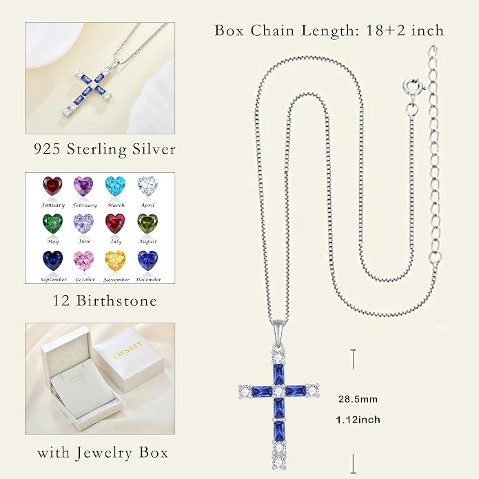 Birthstone Cross Necklace for Women 925 Sterling Silver Christian Religious Crucifix Pendant Rectangular Cut Birthstone Jewelry Gifts for Her