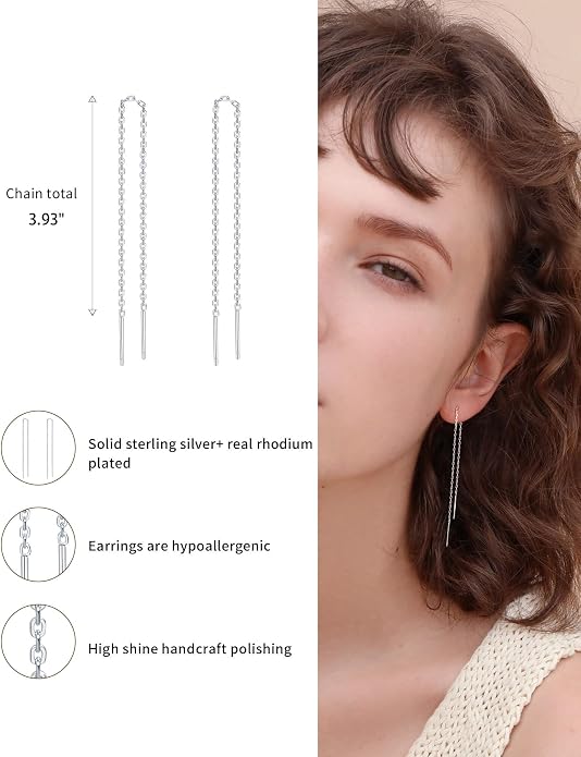 S.Leaf S925 Sterling Silver Threader Chain Earrings 18K Gold Plated Cubic Zirconia Dainty Dangle Double Piercing Long Drop Dangly Pull Through Tassel Chain Earrings Gifts for Women