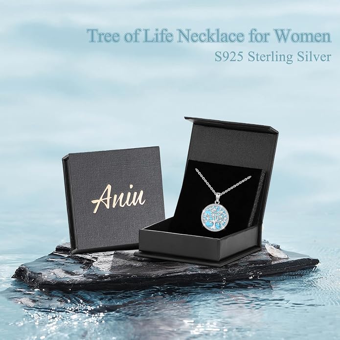Aniu Tree of Life Necklace for Women, 925 Sterling Silver Mother of Pearl Family Palm Tree Charm Pendant Jewelry for Birthday Christmas Gift