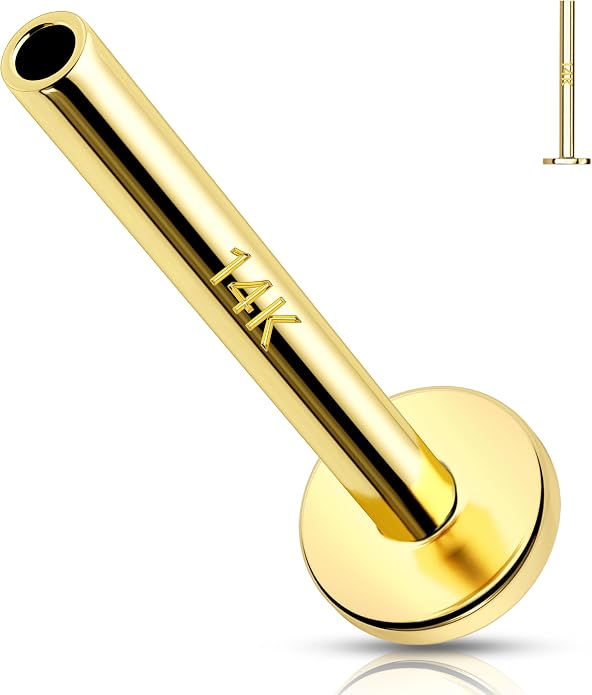 Melighting 14K Solid Gold Threadless Replacement, Gold Threadless Post Push in Flat Back, Labret, Nose, Helix, Conch, Tragus Cartilage Stud Earring 16G 18G 20G