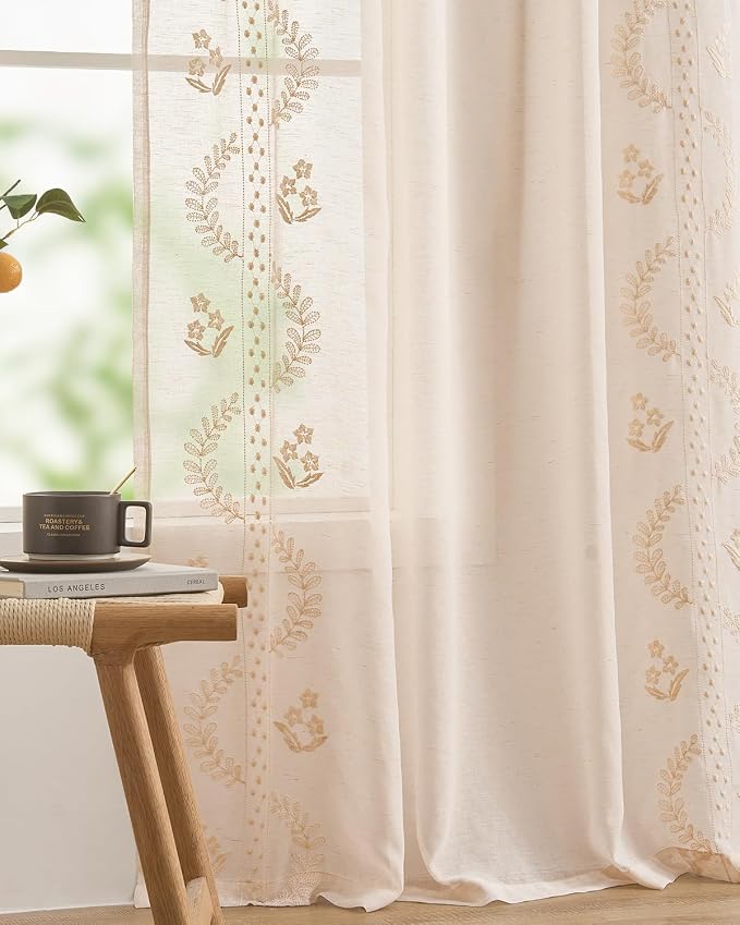 jinchan Belrose Linen Sheer Curtains for Living Room 63 Inch Length Sheer Voile Embroidered Floral Curtains for Bedroom Light Filtering Rod Pocket Window Treatments Farmhouse Decor 2 Panels Beige