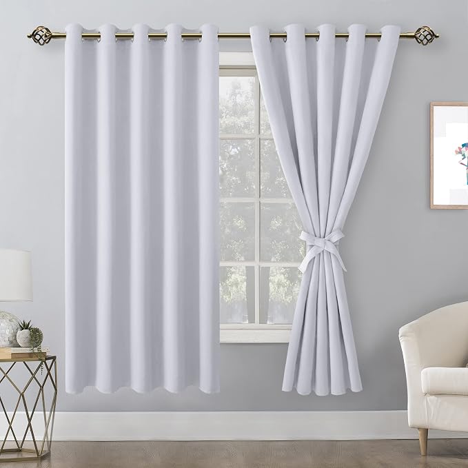 Hiasan Blackout Curtains for Bedroom, 60 x 63 Inches Length - Thermal Insulated & Energy Saving Window Curtains for Living Room, 2 Drape Panels Sewn with Tiebacks, Greyish White