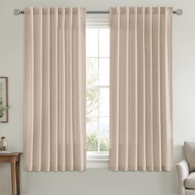 MIULEE Non-See-Through Privacy Linen Curtains 52W x 63L Inch Beige | 2 Panels, Light Filtering, Semi Sheer Window Curtains, Farmhouse Textured, Back Tab Drapes for Bedroom Living Room