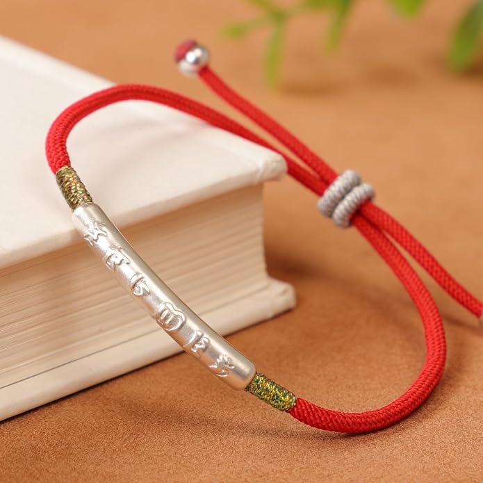 Om Mani Padme Hum Bracelet, Handmade Tibetan Buddhist Mala Bracelet with Six True Words Mantra for Protection, Good Luck & Positive Karma, Adjustable Red or Black String Bracelet for Women & Men