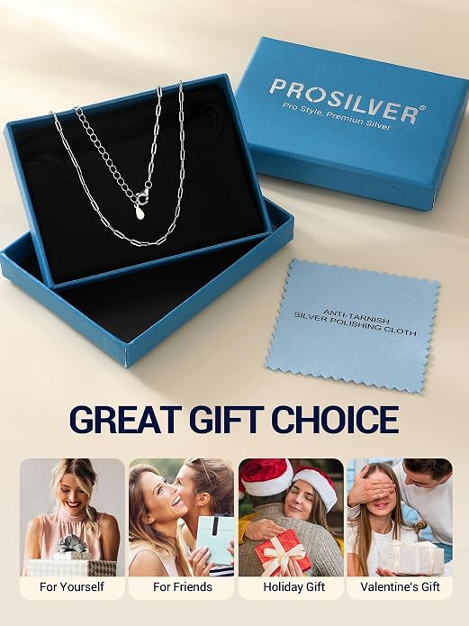 PROSILVER 925 Sterling Silver Paperclip Chain Necklace for Women Jewelry, with Gold/Rose Gold Plated, W: 1.7mm/3.3mm, L: 14"/16"/18"/20"/22"/24", Adjustable, Come with Box