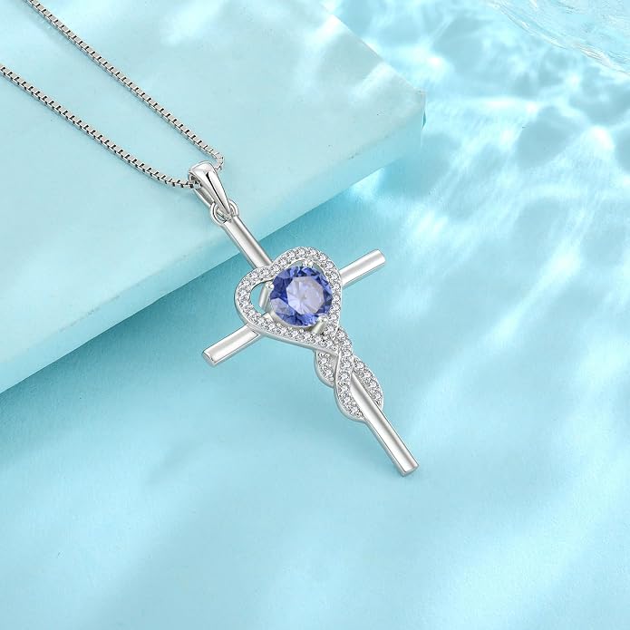Cross Necklace for Women 925 Sterling Silver Infinity Birthstone Pendant Necklace Religious Christian Jewelry Gifts Wife Mom Her