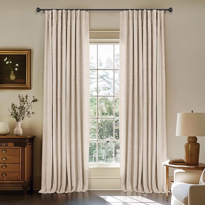 INOVADAY 100% Blackout Curtains for Bedroom, Oatmeal Black Out Curtains 90 Inch Long, Clip Rings Linen Blackout Drapes, Thermal Insulated Room Darkening for Living Room, 2 Panels - W50xL90