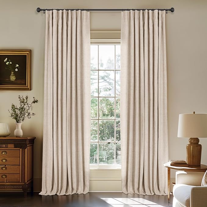 INOVADAY 100% Blackout Curtains for Bedroom, Oatmeal Black Out Curtains 84 Inch Long, Clip Rings Linen Blackout Drapes, Thermal Insulated Room Darkening for Living Room, 2 Panels - W50xL84