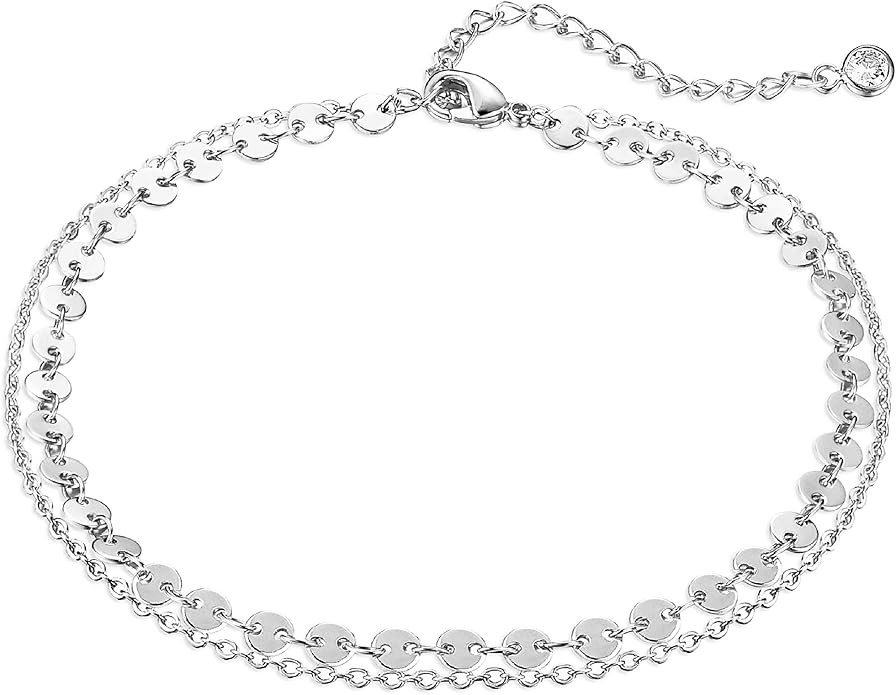 Dainty Gold Double Layer Disc Anklet for Women, 14K Gold Plated Sequin Chain Foot Bracelet, 8.5"+2" Adjustable Delicate Stackable Ankle Bracelet, Minimalist Summer Beach Jewelry Gift for Her