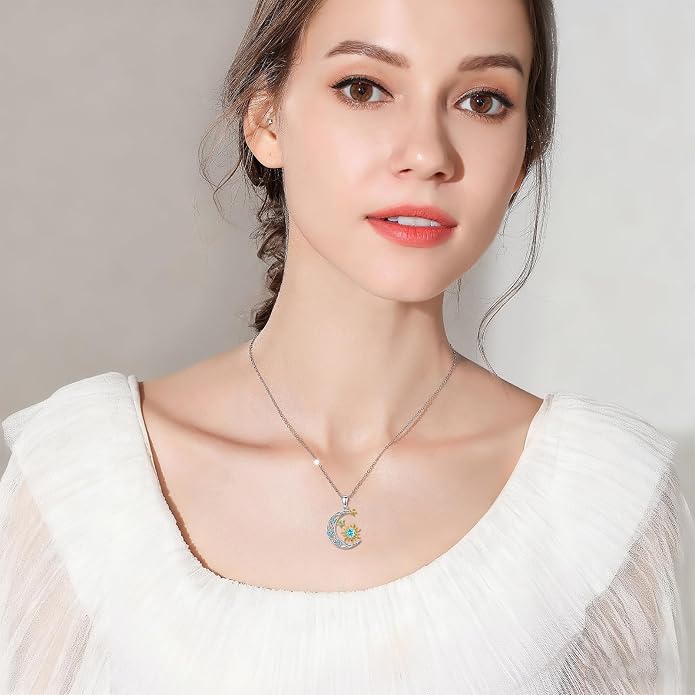 PELOVNY Sun and Moon Necklace for Women 925 Sterling Silver Sun Moon Star Birthstone Pendant Necklaces Birthday Christmas Jewelry Gifts for Mom Daughter Wife Sister