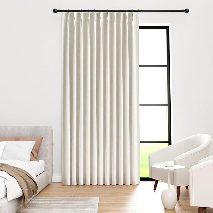IVAPUPU Natural Pinch Pleated Full Blackout Curtains Linen Blend Room Darkening Window Curtains 95 inch 1 Panel for Living Room Bedroom Thermal Insulated Curtain Drapes with 12 Pcs Hooks 70''Wx95''L