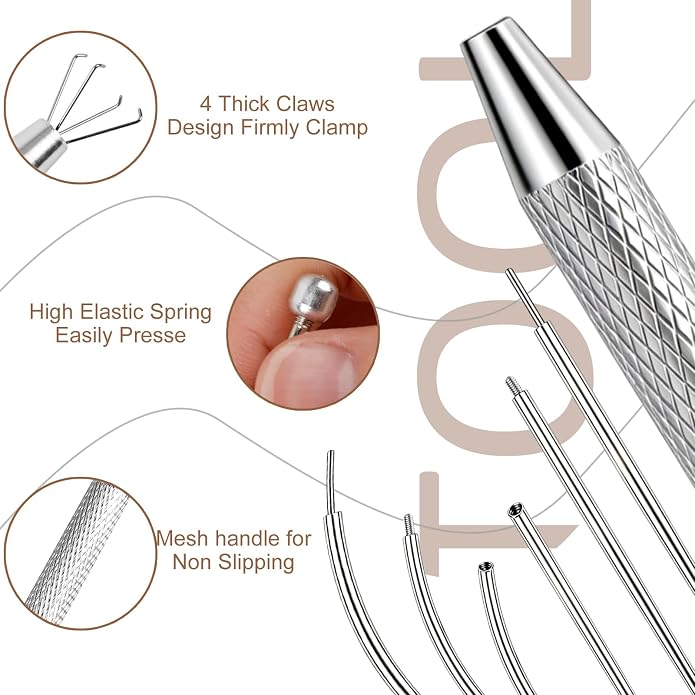 ONESING 2Pcs Piercing Ball Grabber Tool for Changing Jewelry, Stianless Steel Flat Back Earring Applicator Internally Threaded Push Pin Piercing Grabber Tool, Anti Slip 4 Claw Gem Ball Grabber Tool