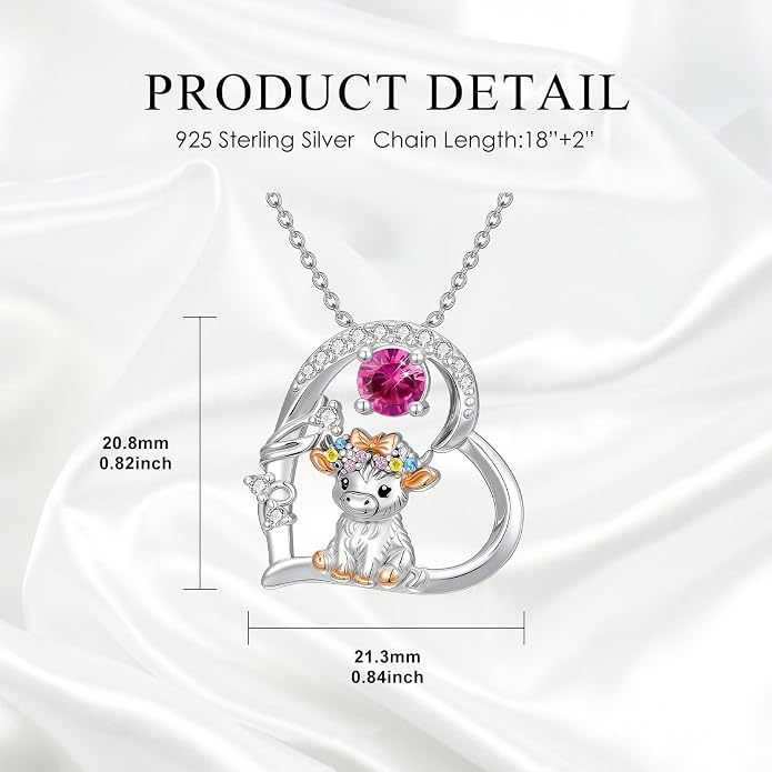 Highland Cow Gifts for Women 925 Sterling Silver Highland Cow Birthstone Necklace Fluffy Cow Jewelry Gifts Birthday Christmas