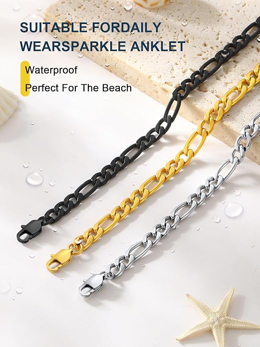 ChainsPro Resizable Anklet Chain for Women Men, Figaro/Wheat/Twist Rope/Cuban Foot Bracelet-Strong with Good Clasp-18K Gold Plated(Send Gift Box)
