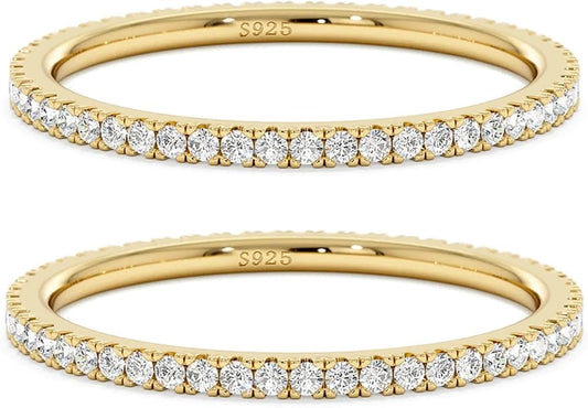 2mm 925 Sterling Silver Rings Gold Engagement Wedding Bands Eternity Cubic Zirconia Simulated Diamond 2pairs Stackable Ring for Women Size 5-10
