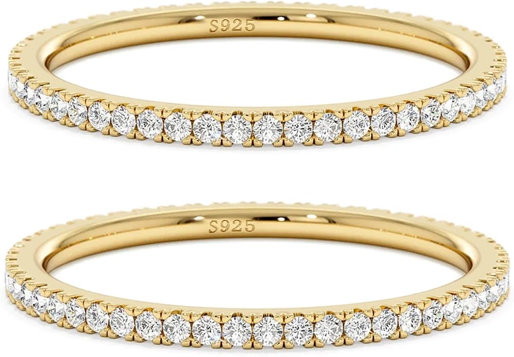 2mm 925 Sterling Silver Rings Gold Engagement Wedding Bands Eternity Cubic Zirconia Simulated Diamond 2pairs Stackable Ring for Women Size 5-10