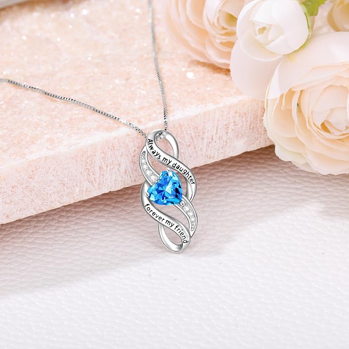 Daughter Necklace 925 Sterling Silver Always My Daughter Forever My Friend Infinity Necklace to Daughter Birthday Gift from Mom with 12 Birthstones