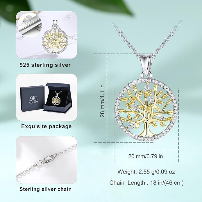 AEONSLOVE Tree of Life Necklace 925 Sterling Silver, Family Tree of Life Pendants Jewelry Gifts for Women Wife Mother, 18 Inch Chain