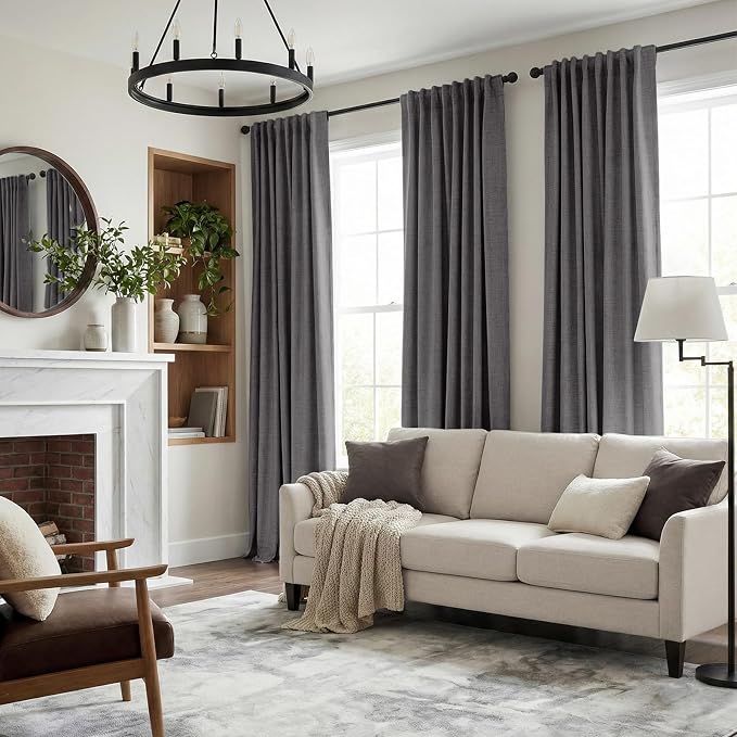 INOVADAY 100% Blackout Curtains 90 Inches Length 2 Panels Set, Back Tab/Rod Pocket Linen Black Out Curtains for Bedroom, Thermal Insulated Window Drapes - Dark Grey, W50 X L90